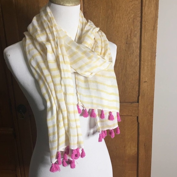 Nordstrom Accessories - 🛍️Yellow stripe pink pom-pom/tassel Nordstrom summer scarf $58